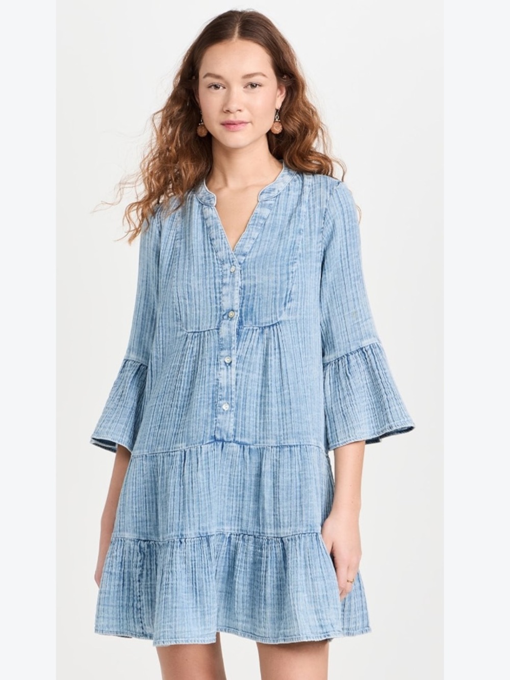 Faherty Dream Organic Cotton Sunwashed Chambray Gauze Tiered Kasey Dress New!